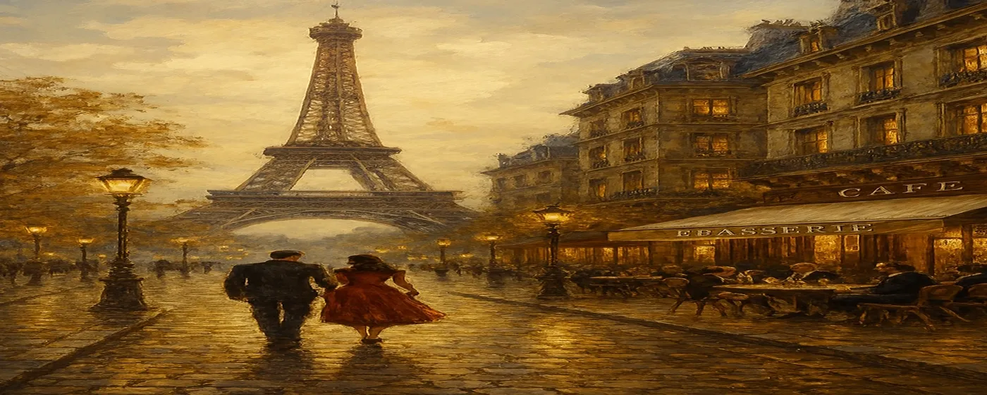 Romantic Paris Street Scene with Eiffel Tower at Dusk