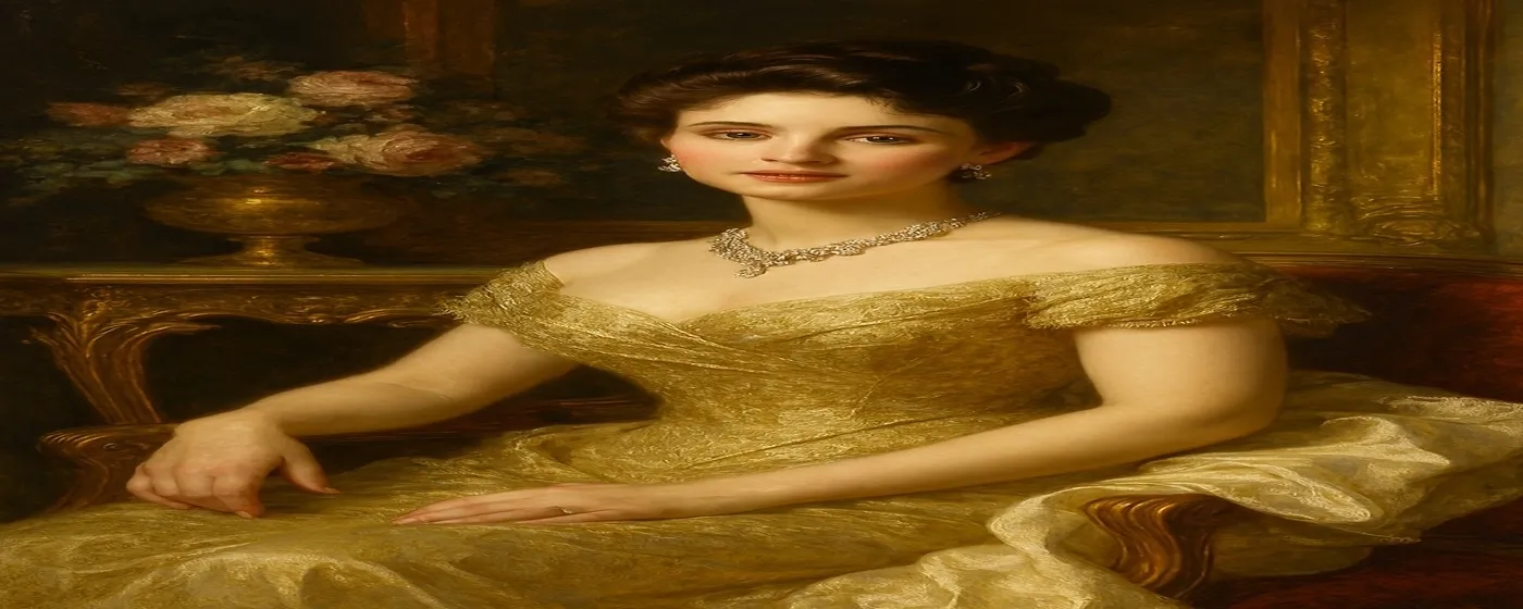 Elegant Golden Gown Portrait – Classical Oil Painting