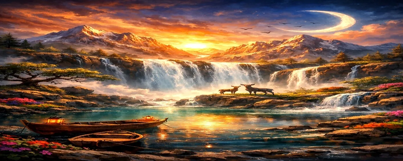 Moonlit Mountain Waterfall at Golden Sunset