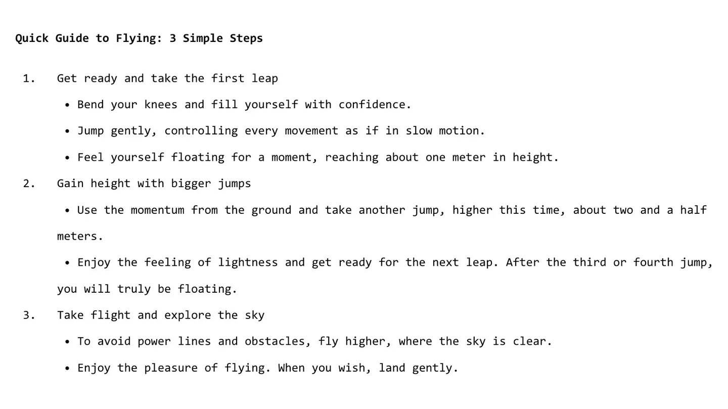 Written and voice tutorial for Quick Guide to Flying by Cora Hors